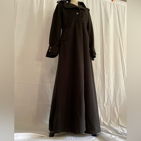 LONG FULL LENGTH TRENCH COAT XXL BLACK WITH GOLD NAUTICAL BUTTONS - Picture 4 of 7